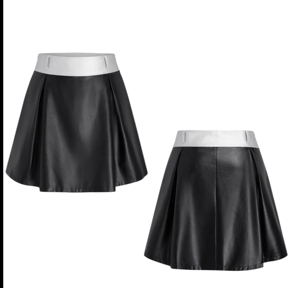 🍎 Faux Leather Contrasting Binding Pleated Mini Skirt Plus Size 2x / 20 - Picture 4 of 7